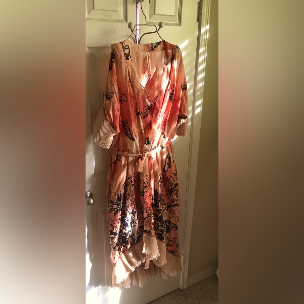 Anthropologie Floral Robe in Peachy Orange Pink and Black with belted tie